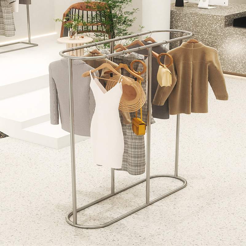 服装店展示架不锈钢拉丝挂衣架男女童装店中岛货架落地挂衣杆轻奢