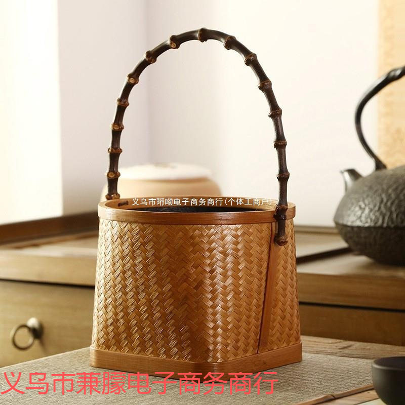 竹编煮茶碳篓提篮竹碳斗灰篓煮茶橄榄娄炭笼茶具茶道配件收纳