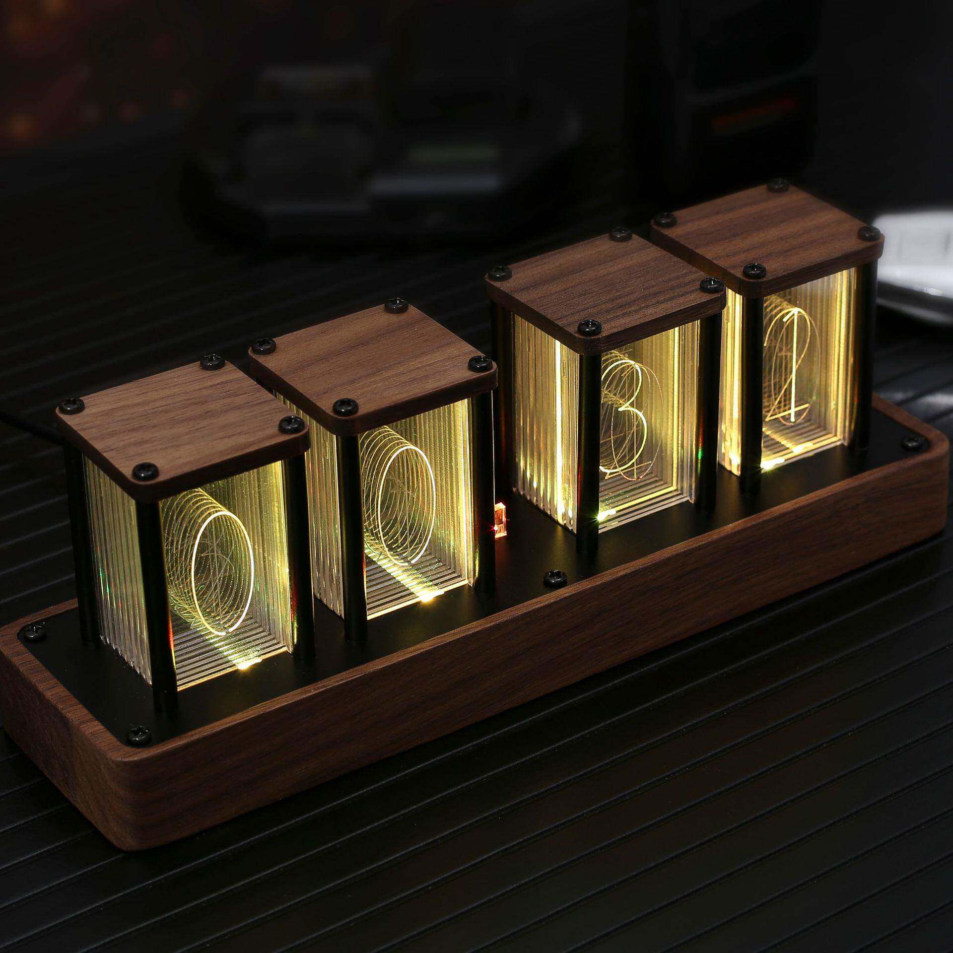 拟辉光管时钟胡桃木光管时钟创意电子钟免组装led数字闹钟定时器