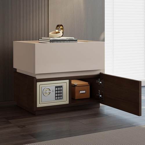 意式极简实木床头柜保险箱一体储物柜轻奢高级感带密码锁床边柜子