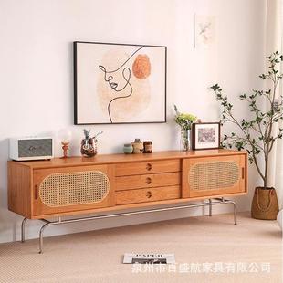 北欧实木电视柜客厅靠墙简约藤编视听柜家用多功能带抽屉置物地柜