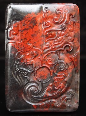 天然36*54*8mm36g玉石挂件桂林鸡血玉石乾坤料黑底红男士仿古挂件