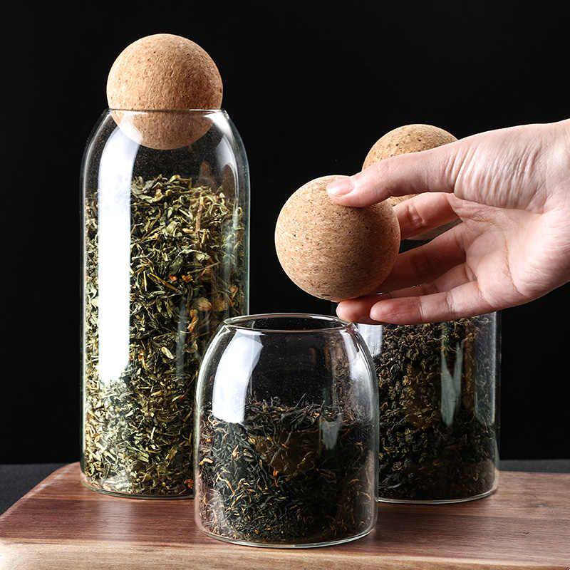 茶叶罐家用密封小茶罐收纳球塞瓶玻璃瓶空储茶罐圆形软木塞茶叶桶
