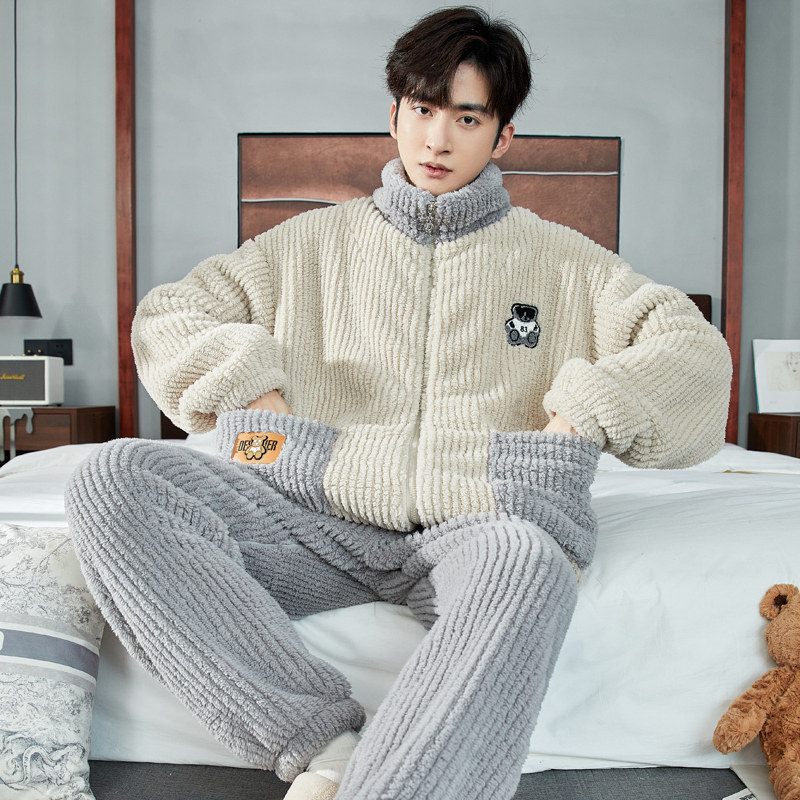 睡衣男冬季珊瑚绒拉链保暖加绒加厚青年男款秋冬法兰绒家居服套装