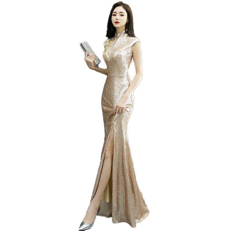 2024新款鱼尾亮面旗袍晚礼服高级时尚主持人连衣裙长款显瘦合唱服,女装/女士精品,婚纱,淘宝优惠券,粉丝福利购,淘宝优惠卷