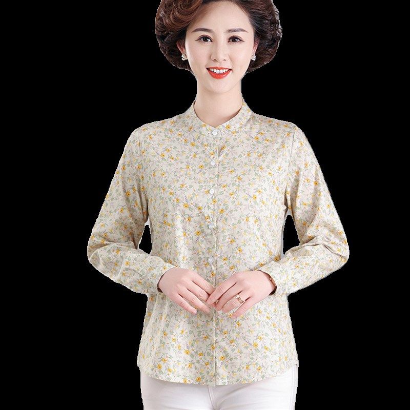 中老年女士长袖纯棉T恤妈妈春装碎花衬衣老年人女装婆婆春季衬衫
