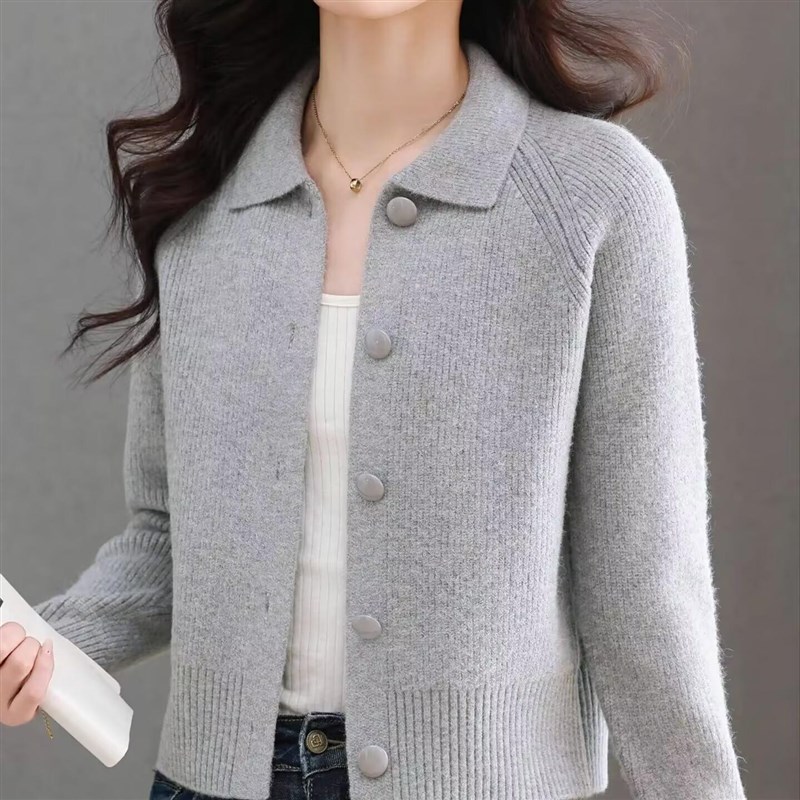 25新款羊毛针织开衫女春秋冬短款翻领纽扣高腰小个子洋气毛衣外套