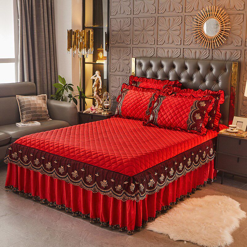 结婚大红色水晶绒夹棉床裙款四件套双面加绒被套珊瑚绒法莱绒冬季