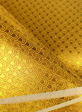 中国风传统复古金丝线提花金黄色凤尾图案凰鳞毛花云朵绸缎布料DI