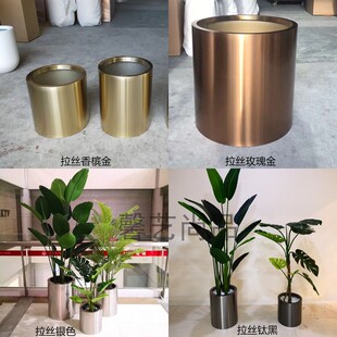 不锈钢花盆 圆形花瓶 简约圆筒落金属玫瑰金园艺花器绿植套盆花钵