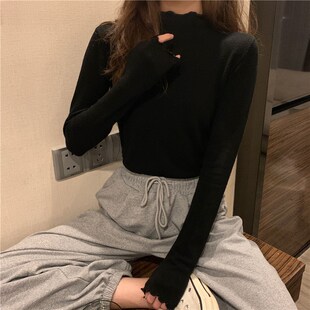 酒红色打底衫女半高领针织内搭暗红修身木耳边中领长袖上衣春秋冬