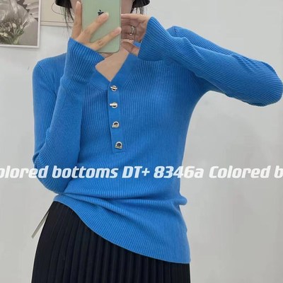 亮色V领细羊毛针织衫女上衣秋修身弹力衫女装金扣显瘦打底衫长袖