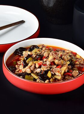 中式哑光红色陶瓷圆形汤盘家用红烧菜碗饭店热菜盘12英寸深口汤碗