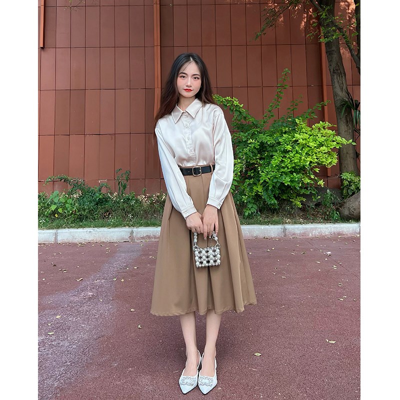 140-160小个子女装2022秋新款轻奢法式衬衫衬衣+半身裙百褶裙套装