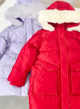 *B*C红色紫色羽绒服大衣外套女童秋冬90%绒儿童超好看外套大毛领