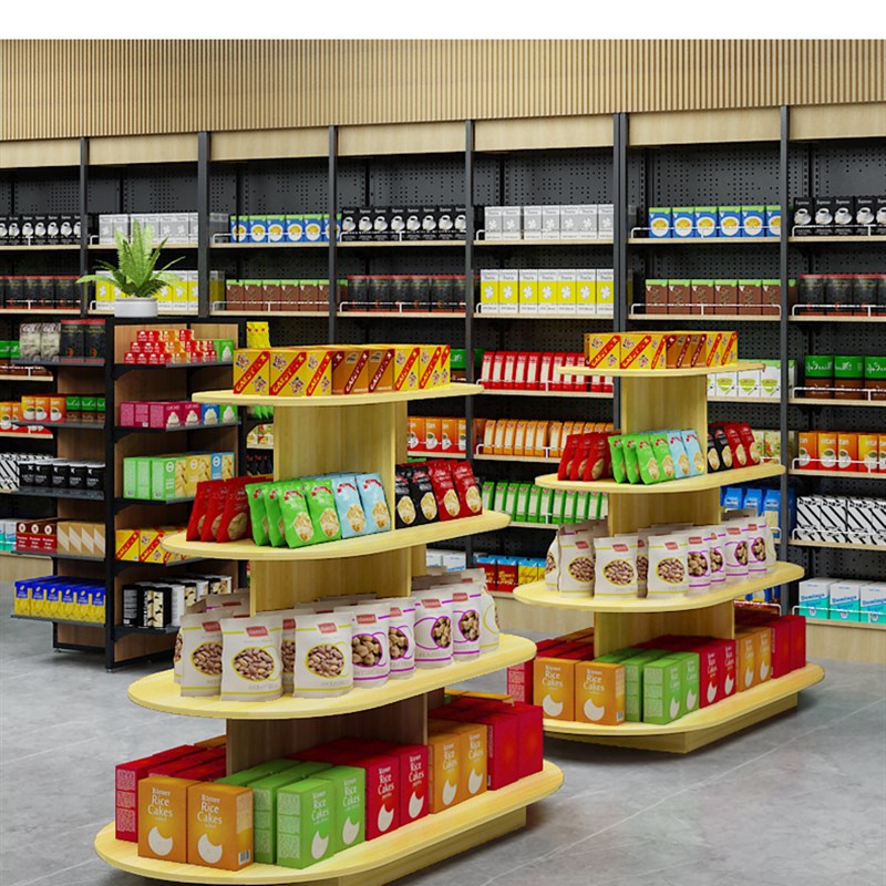木质礼品超市货架货架架粮油展示柜中岛柜展示架多层圆形展台展柜