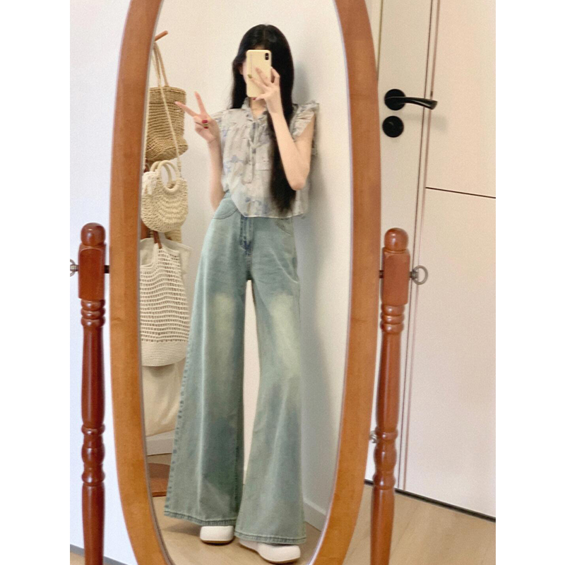 高腰微喇直筒牛仔裤2024年新款女夏季薄款阔腿宽松显瘦垂感裤子