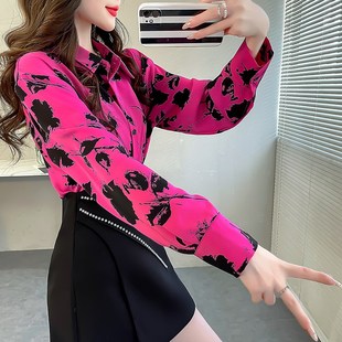 春装气质长袖衬衫女高级感轻奢复古红色上衣宽松碎花雪纺衫花衬衣