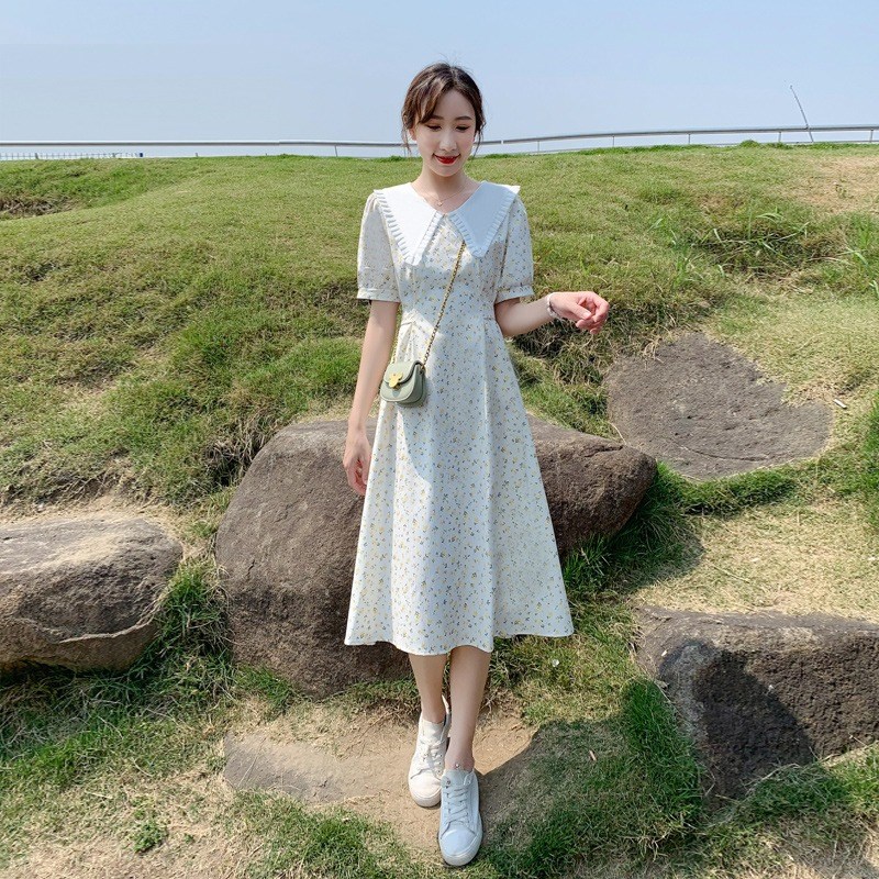 小个子娃娃领雪纺碎花连衣裙女夏季2024新款气质显瘦收腰a字裙子