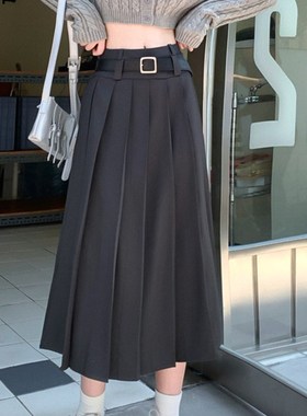 秋冬百褶裙复古学院风女微胖mm高腰半身裙显瘦百搭黑色a字中长裙