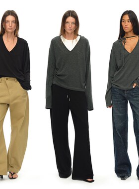 EMPTY PAGE 黑/深灰色V领长袖T恤正反两穿系带亲肤打底衫