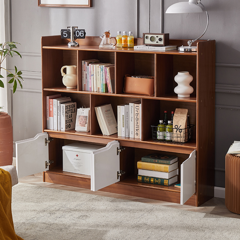 实木家用书柜客厅储物柜一体八格柜落地带门书架格子柜靠墙置物柜