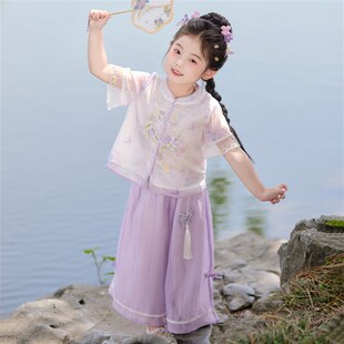 汉服女童夏季2025新款儿童新中式国风短袖套装女孩古风裤子两件套