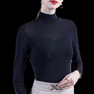 半高领网纱打底衫女士长袖春装沙体t恤弹力舞蹈纱衣蕾丝黑纱上衣