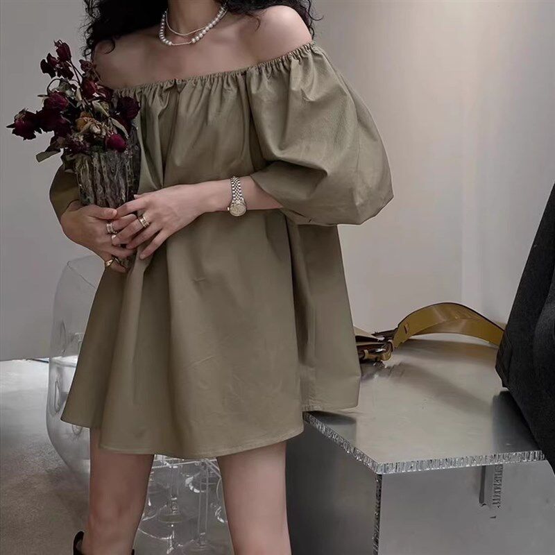 夏装夏季少女学生衬衫度假风上衣漏肩短袖露肩宽松一字领网红甜美