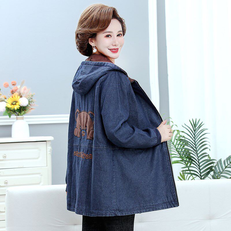 加肥加大码200斤中老年女装春秋牛仔外套宽松胖妈妈装冬连帽上衣4