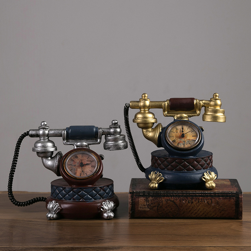 复古电话机模型钟表摆件创意书房咖啡馆餐厅时钟座钟装饰品服装店