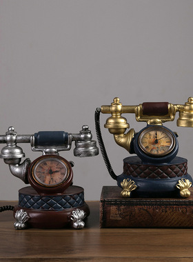 复古电话机模型钟表摆件创意书房咖啡馆餐厅时钟座钟装饰品服装店