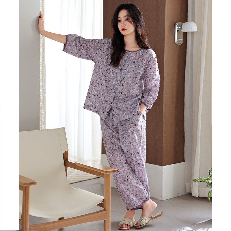 梭织棉纱布睡衣女春秋款纯棉七分袖秋季中年妈妈高级感夏季家居服