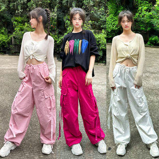 美式甜辣流苏工装裤女宽松休闲嘻哈街舞jazz爵士跳舞裤子垂感白色