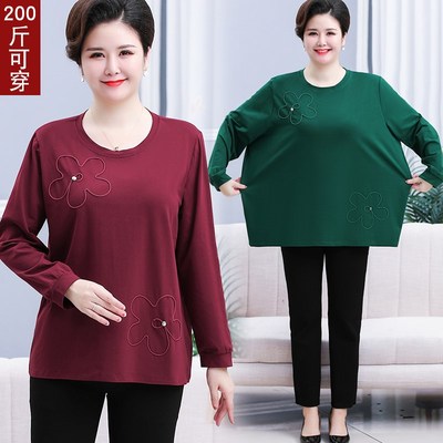 中老年秋装长袖T恤宽松加肥加大码200斤胖妈妈装纯棉休闲女士上衣