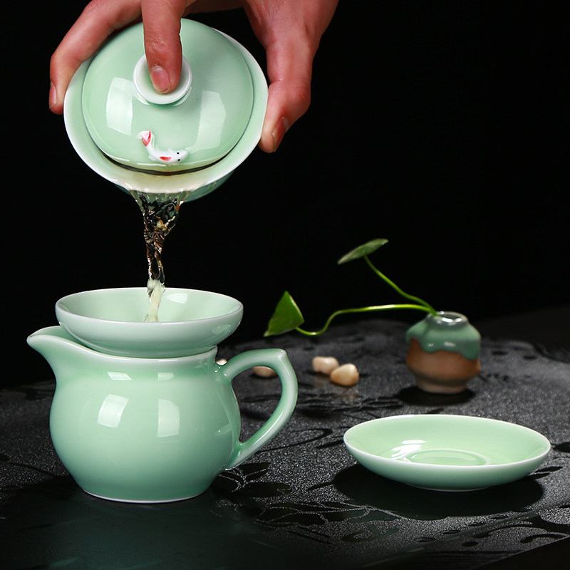 青瓷茶具套装盖碗茶壶鱼杯家用泡茶青瓷功夫茶具青瓷鲤鱼茶具套装,餐饮具,功夫茶具,淘宝优惠券,粉丝福利购,淘宝优惠卷