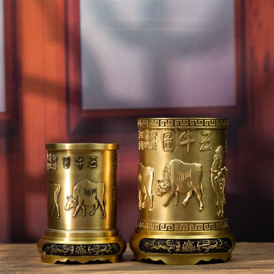 小铜记黄铜五牛笔筒文房四宝摆件书房办公室收纳装饰品铜工艺礼品