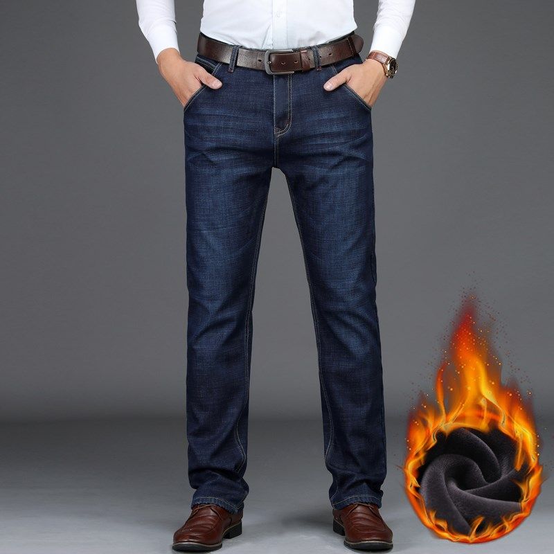 男士加绒加厚牛仔裤男直筒中年宽松长裤子冬季男款休闲男裤秋冬款
