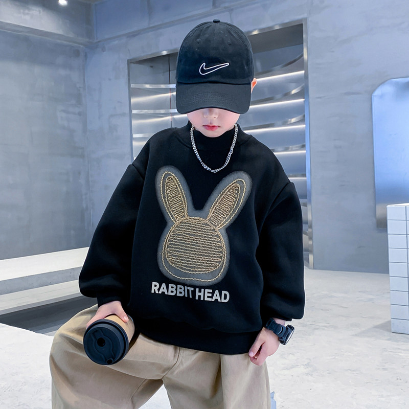 男童春秋装黑色兔子卫衣2023新款中大童衣服男孩秋冬加绒上衣潮