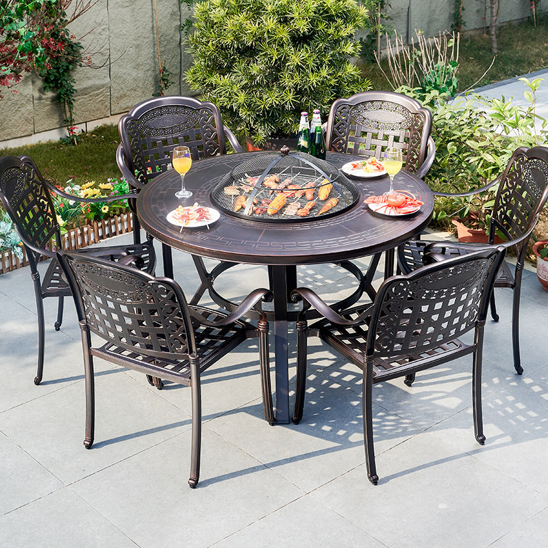户外桌椅电烧烤餐桌铸铝庭院别墅室外露天花园家用铁艺炭烤火锅桌