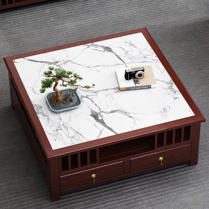 新中式实木茶几岩板小茶桌客厅轻奢紫檀色正方形茶几大小户型方几