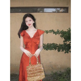 荷叶边绿色连衣裙气质a字裙 清冷感竹叶印染法式 Haze禾枝 南风