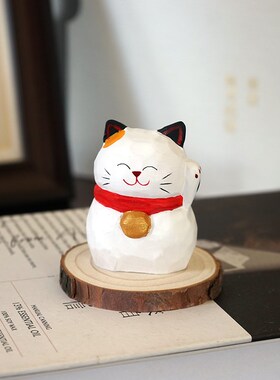 招财铃铛猫咪手工木雕小摆件公仔可爱木质雕刻书桌装饰品新年礼物