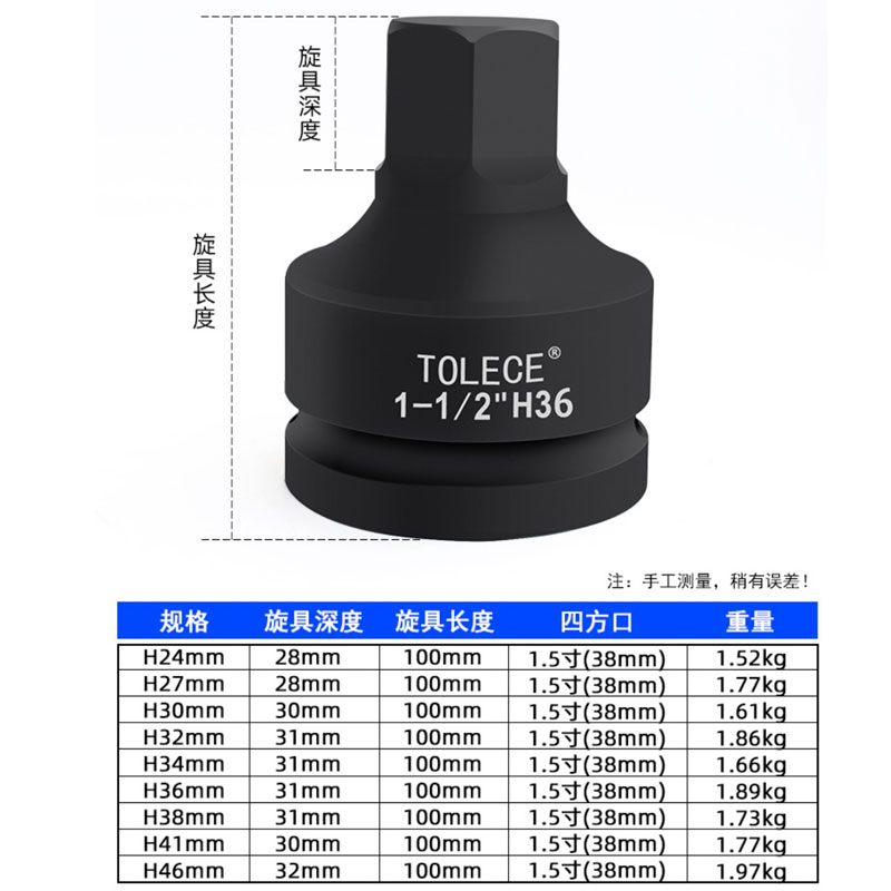 1.5寸旋具套筒H27气动风炮1寸半六角批头H46用坏换新扳手四方孔38