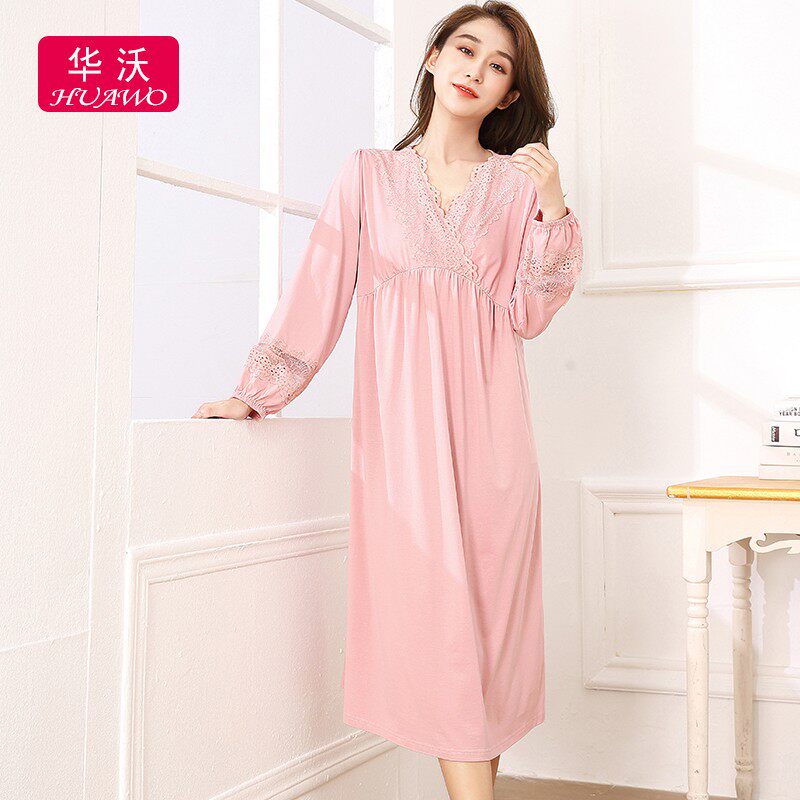 新款秋季竹纤维睡衣裙中长款家居服睡裙女春秋冬薄款甜美宽松大码