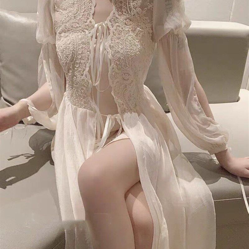 2024新宫廷风仙女蕾丝轻纱系带长裙晨袍 温柔家居服睡衣超长睡袍