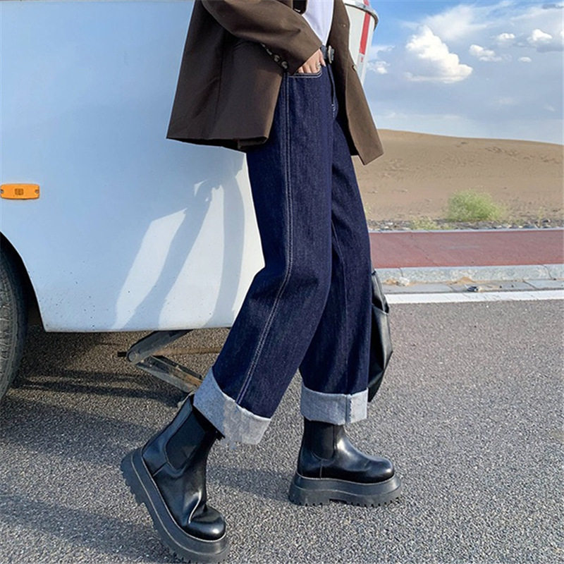 深蓝色直筒牛仔裤女宽松秋冬加绒2022新款高腰显瘦阔腿裤小个子女