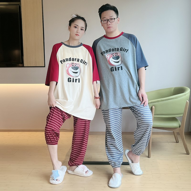 情侣睡衣短袖长裤纯棉外穿草莓熊网红夏天女新款男家居服夏季套装