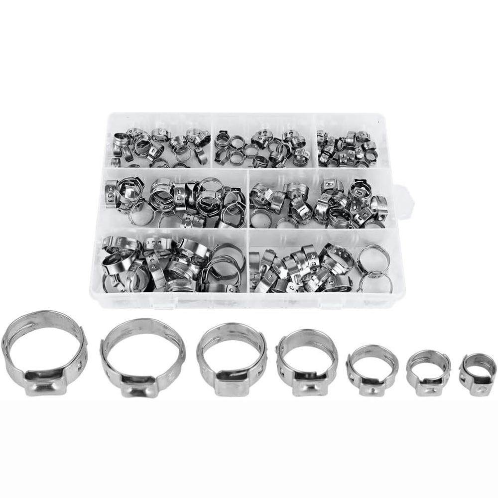 130PCS盒装304不锈钢/单耳无极卡箍喉箍抱箍卡扣管夹套装