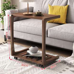 全实木沙发边几可移动U型角几床头床边桌客厅C型小茶几带轮子边L^